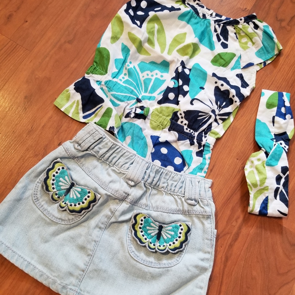 Gymboree Size 3 Butterfly Skirt shirt and headwrap